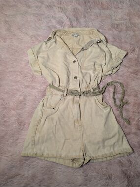 Beige Short Sleeve Romper with Belt